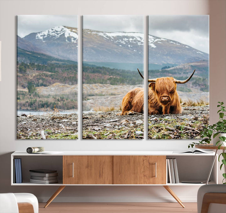 Scottish Highland Cow Wall Art Print - Large Highland Cow Canvas Print with Mountain Landscape, Rustic Farmhouse Decor for Living Room, Ready to Hang