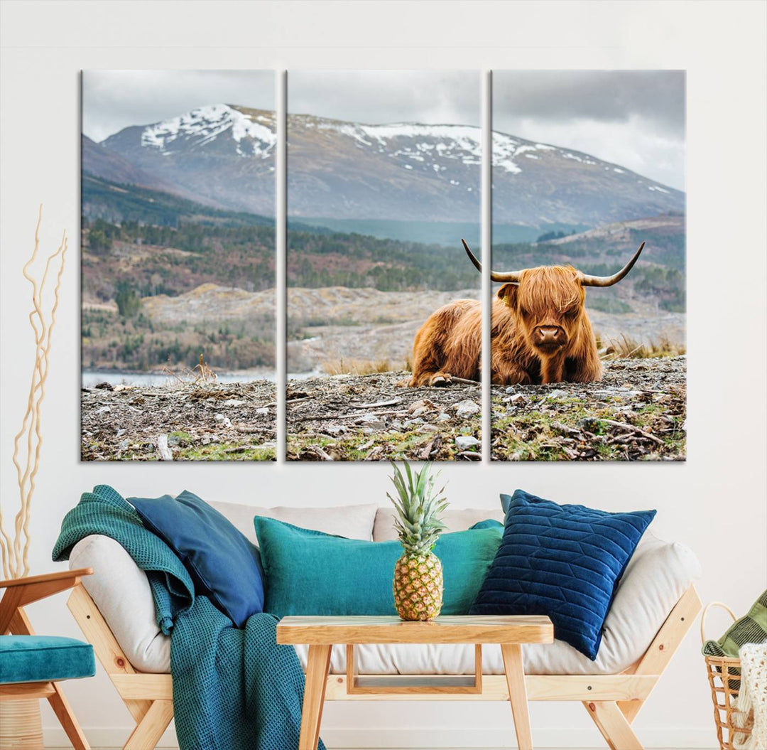 Scottish Highland Cow Wall Art Print - Large Highland Cow Canvas Print with Mountain Landscape, Rustic Farmhouse Decor for Living Room, Ready to Hang