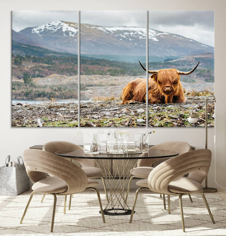 Scottish Highland Cow Wall Art Print - Large Highland Cow Canvas Print with Mountain Landscape, Rustic Farmhouse Decor for Living Room, Ready to Hang