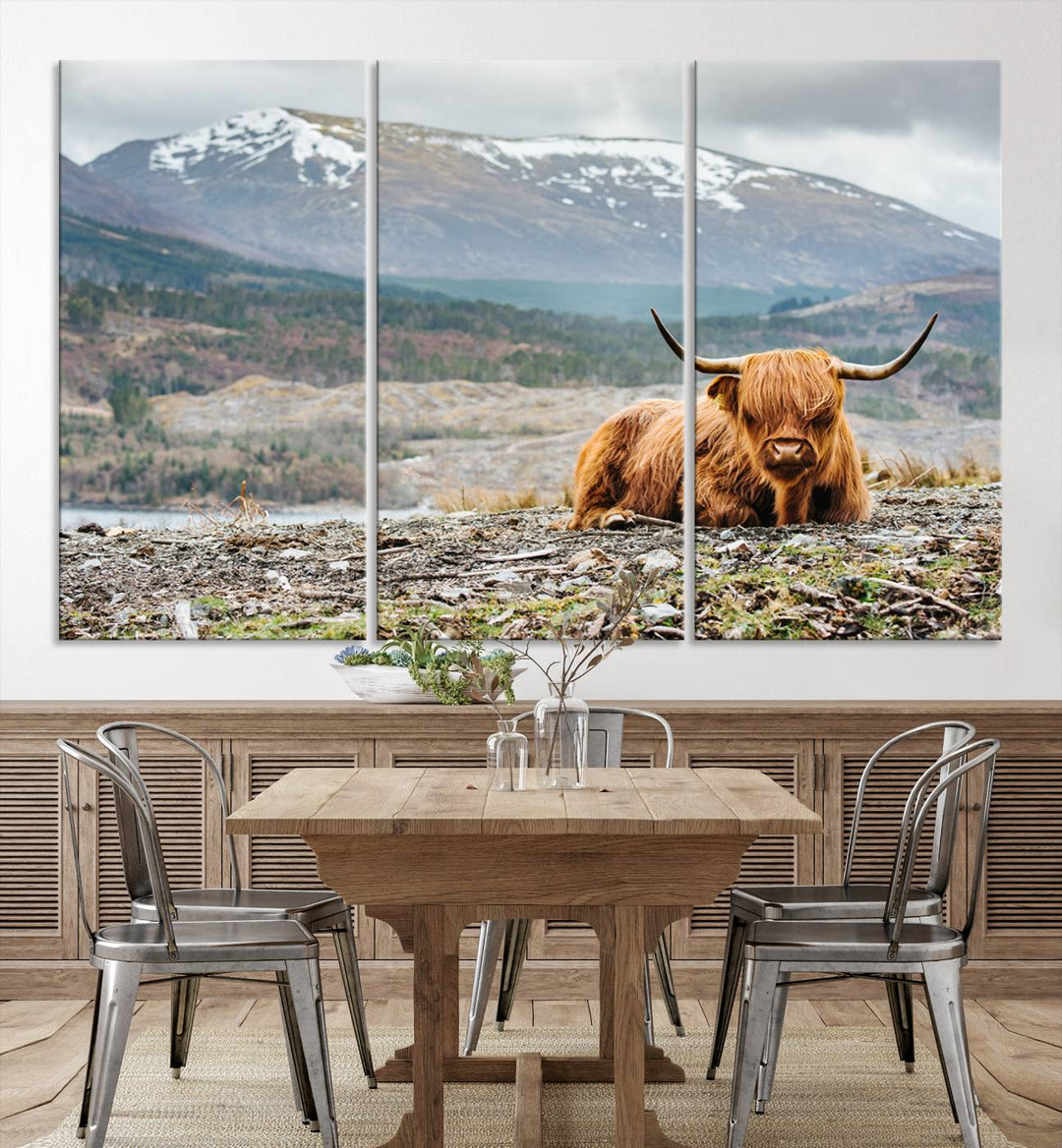 Scottish Highland Cow Wall Art Print - Large Highland Cow Canvas Print with Mountain Landscape, Rustic Farmhouse Decor for Living Room, Ready to Hang