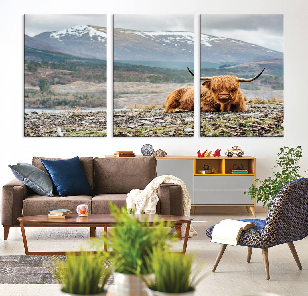 Scottish Highland Cow Wall Art Print - Large Highland Cow Canvas Print with Mountain Landscape, Rustic Farmhouse Decor for Living Room, Ready to Hang