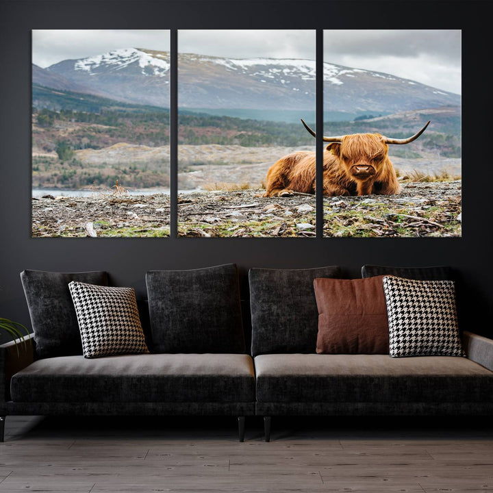 Scottish Highland Cow Wall Art Print - Large Highland Cow Canvas Print with Mountain Landscape, Rustic Farmhouse Decor for Living Room, Ready to Hang