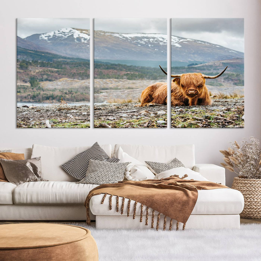 Scottish Highland Cow Wall Art Print - Large Highland Cow Canvas Print with Mountain Landscape, Rustic Farmhouse Decor for Living Room, Ready to Hang