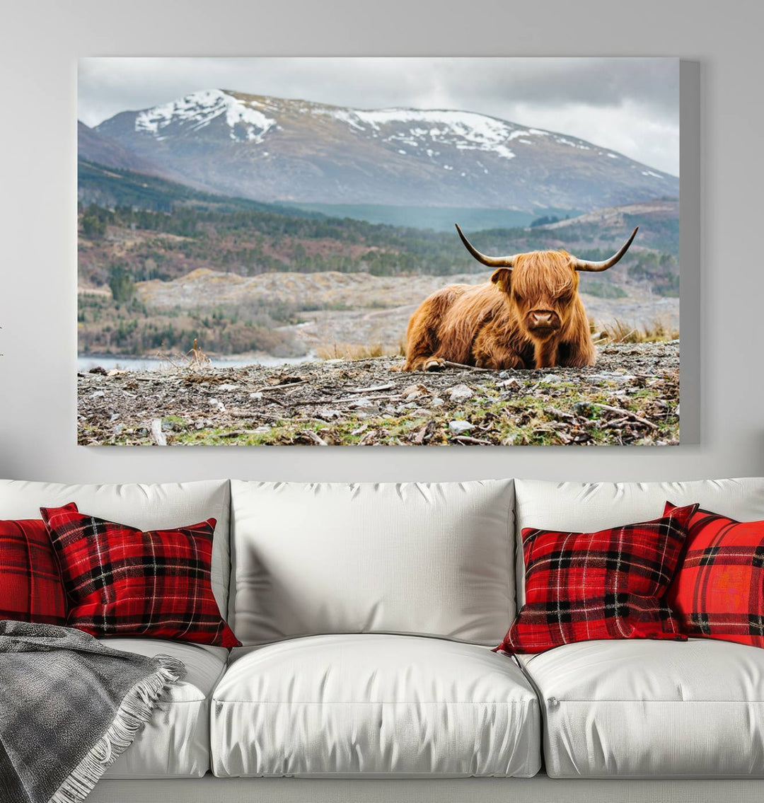 Scottish Highland Cow Wall Art Print - Large Highland Cow Canvas Print with Mountain Landscape, Rustic Farmhouse Decor for Living Room, Ready to Hang