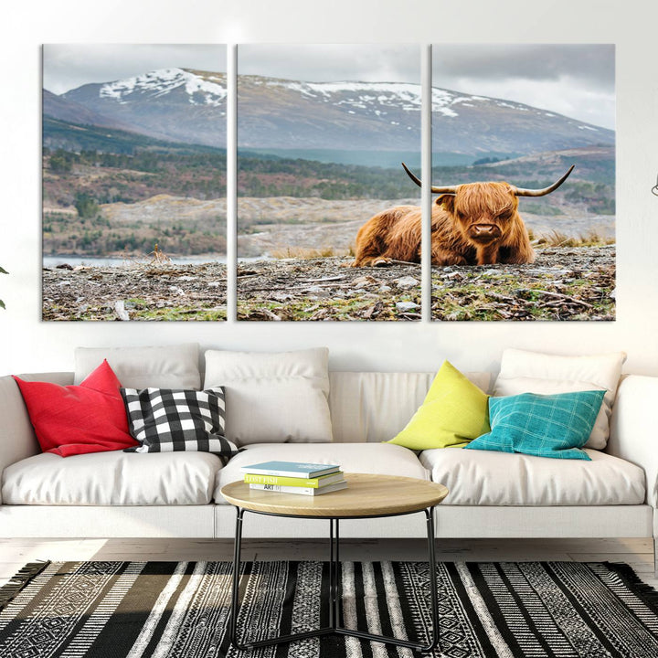 Scottish Highland Cow Wall Art Print - Large Highland Cow Canvas Print with Mountain Landscape, Rustic Farmhouse Decor for Living Room, Ready to Hang