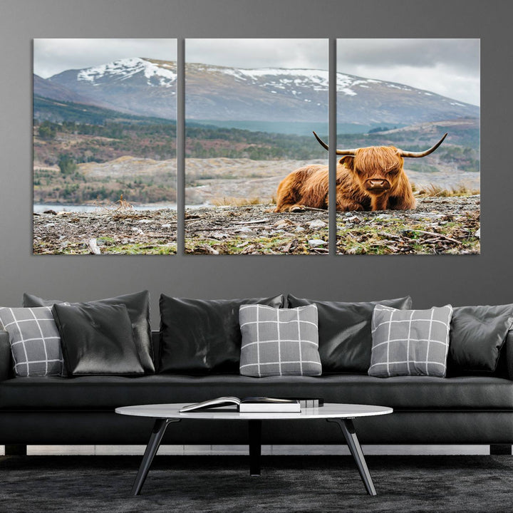 Scottish Highland Cow Wall Art Print - Large Highland Cow Canvas Print with Mountain Landscape, Rustic Farmhouse Decor for Living Room, Ready to Hang