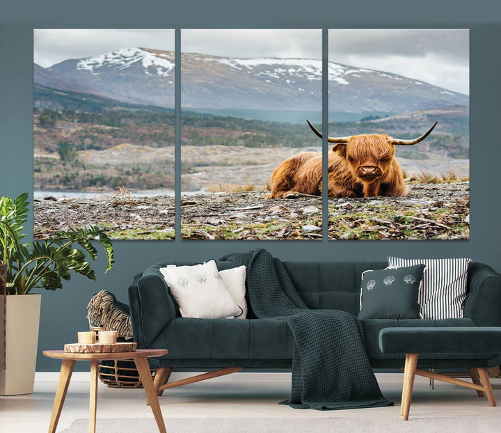 Scottish Highland Cow Wall Art Print - Large Highland Cow Canvas Print with Mountain Landscape, Rustic Farmhouse Decor for Living Room, Ready to Hang