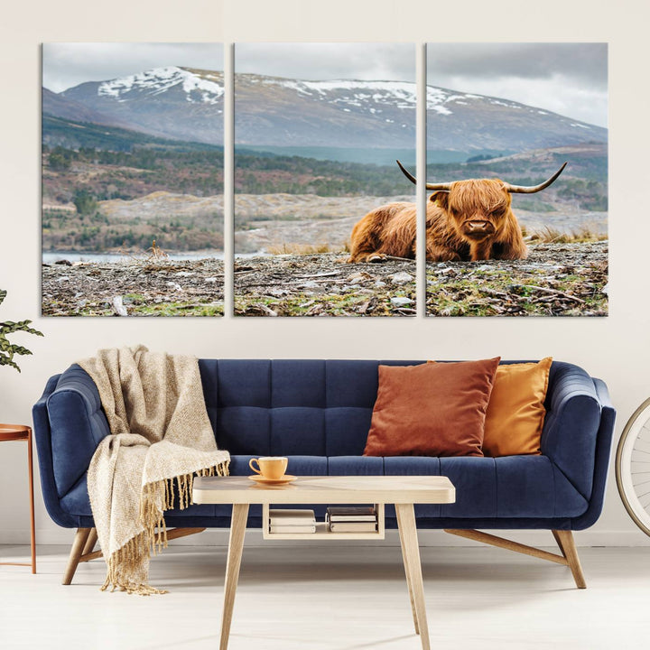 Scottish Highland Cow Wall Art Print - Large Highland Cow Canvas Print with Mountain Landscape, Rustic Farmhouse Decor for Living Room, Ready to Hang