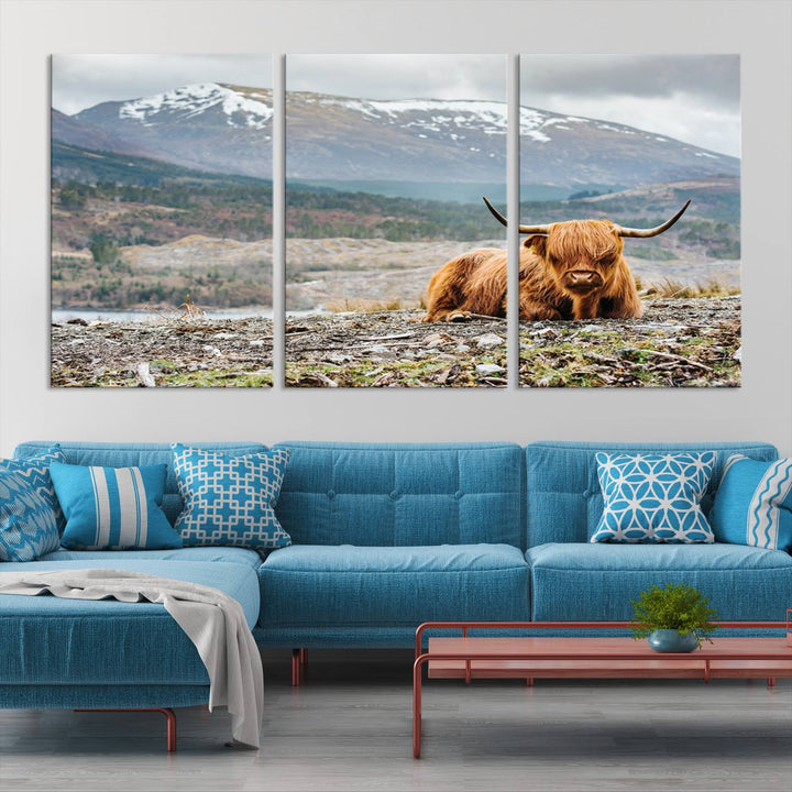 Scottish Highland Cow Wall Art Print - Large Highland Cow Canvas Print with Mountain Landscape, Rustic Farmhouse Decor for Living Room, Ready to Hang