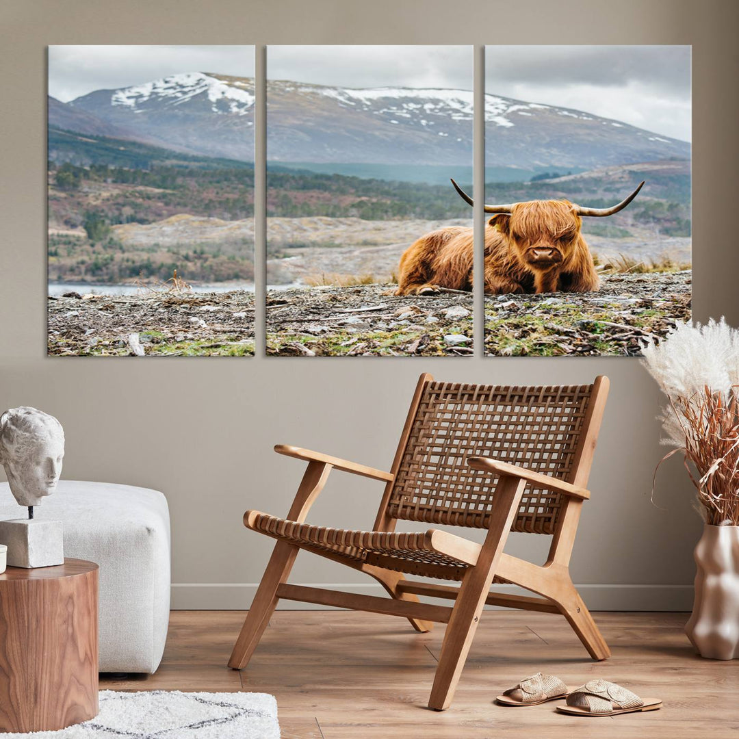 Scottish Highland Cow Wall Art Print - Large Highland Cow Canvas Print with Mountain Landscape, Rustic Farmhouse Decor for Living Room, Ready to Hang