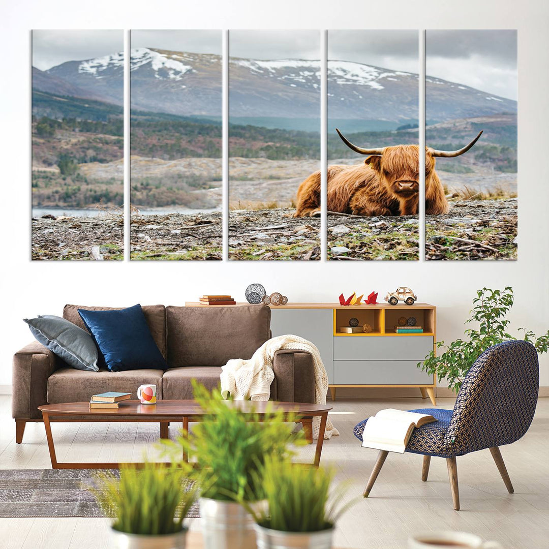 Scottish Highland Cow Wall Art Print - Large Highland Cow Canvas Print with Mountain Landscape, Rustic Farmhouse Decor for Living Room, Ready to Hang