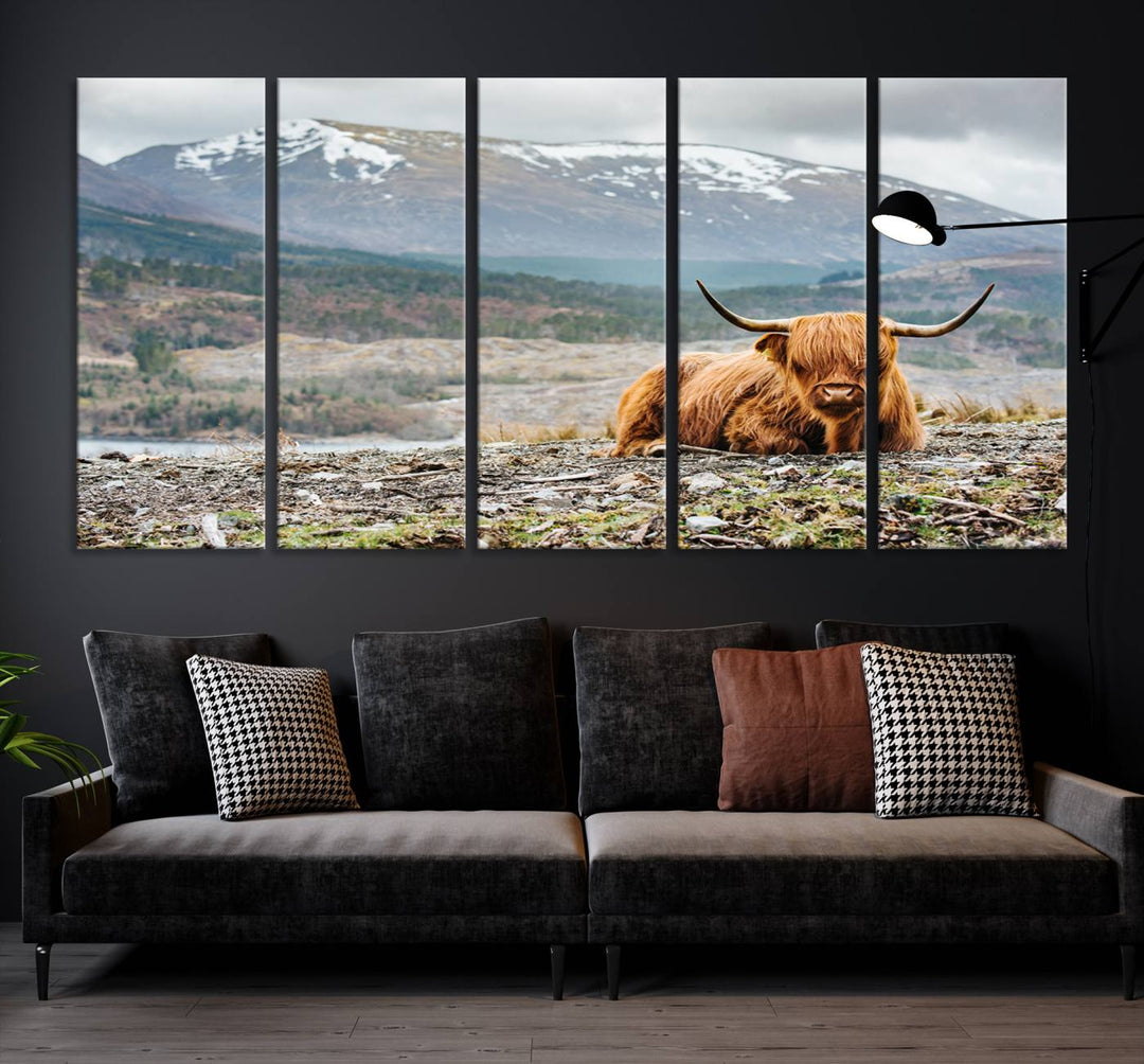 Scottish Highland Cow Wall Art Print - Large Highland Cow Canvas Print with Mountain Landscape, Rustic Farmhouse Decor for Living Room, Ready to Hang