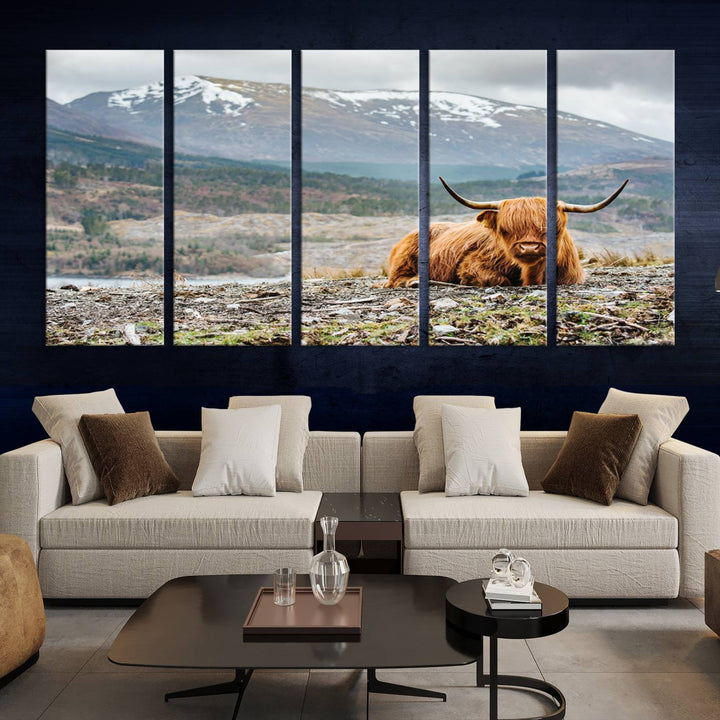 Scottish Highland Cow Wall Art Print - Large Highland Cow Canvas Print with Mountain Landscape, Rustic Farmhouse Decor for Living Room, Ready to Hang