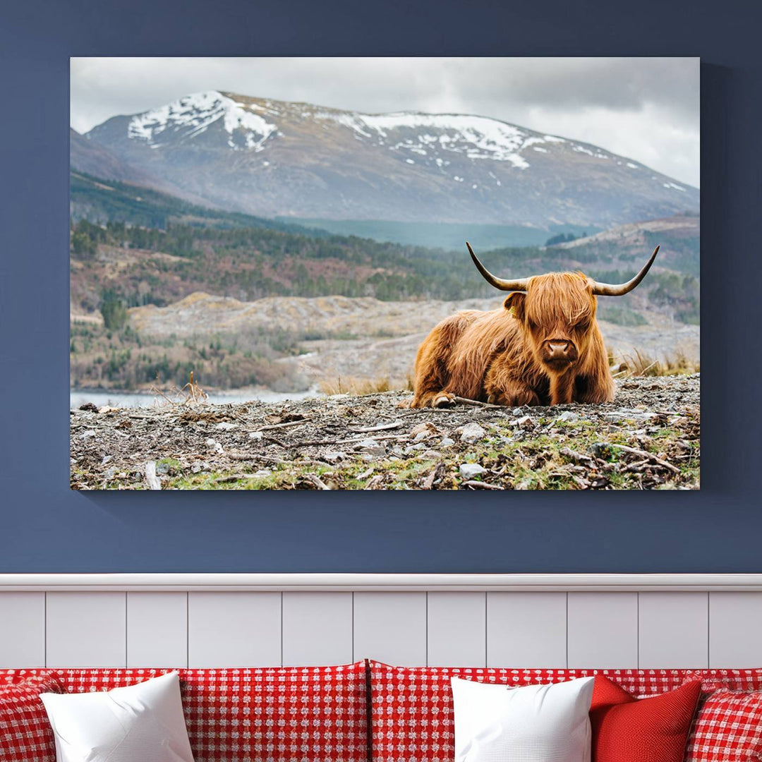 Scottish Highland Cow Wall Art Print - Large Highland Cow Canvas Print with Mountain Landscape, Rustic Farmhouse Decor for Living Room, Ready to Hang