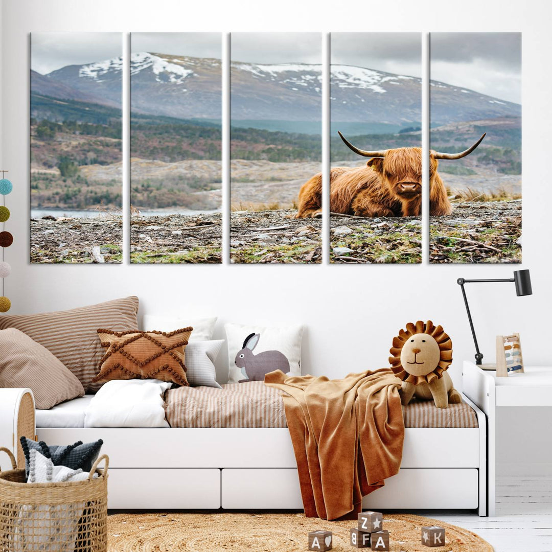 Scottish Highland Cow Wall Art Print - Large Highland Cow Canvas Print with Mountain Landscape, Rustic Farmhouse Decor for Living Room, Ready to Hang