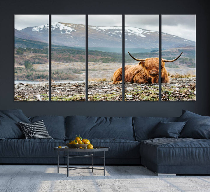 Scottish Highland Cow Wall Art Print - Large Highland Cow Canvas Print with Mountain Landscape, Rustic Farmhouse Decor for Living Room, Ready to Hang