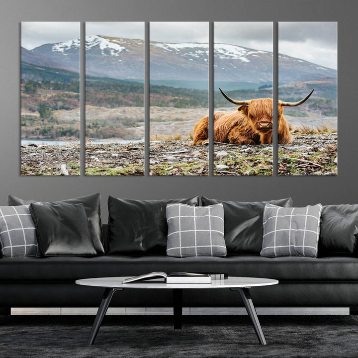 Scottish Highland Cow Wall Art Print - Large Highland Cow Canvas Print with Mountain Landscape, Rustic Farmhouse Decor for Living Room, Ready to Hang