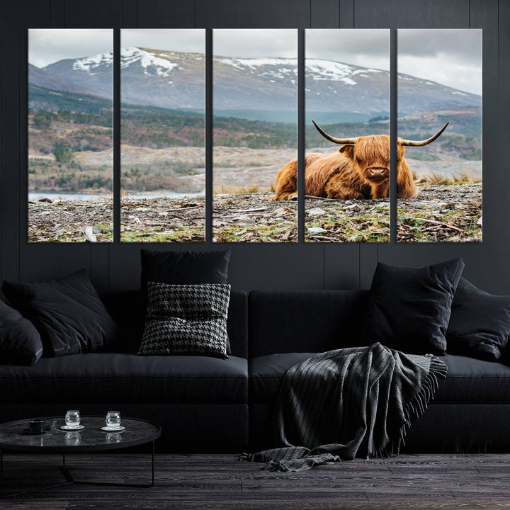 Scottish Highland Cow Wall Art Print - Large Highland Cow Canvas Print with Mountain Landscape, Rustic Farmhouse Decor for Living Room, Ready to Hang