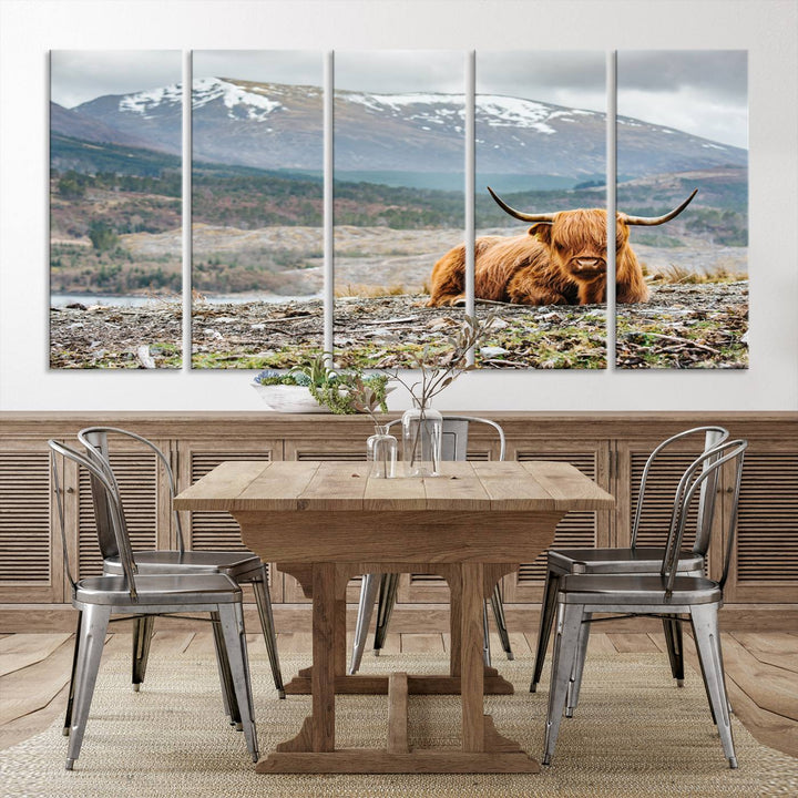 Scottish Highland Cow Wall Art Print - Large Highland Cow Canvas Print with Mountain Landscape, Rustic Farmhouse Decor for Living Room, Ready to Hang