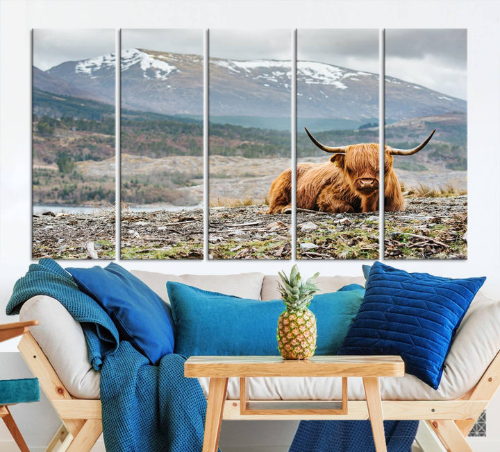 Scottish Highland Cow Wall Art Print - Large Highland Cow Canvas Print with Mountain Landscape, Rustic Farmhouse Decor for Living Room, Ready to Hang