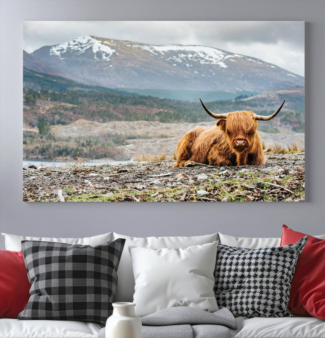 Scottish Highland Cow Wall Art Print - Large Highland Cow Canvas Print with Mountain Landscape, Rustic Farmhouse Decor for Living Room, Ready to Hang