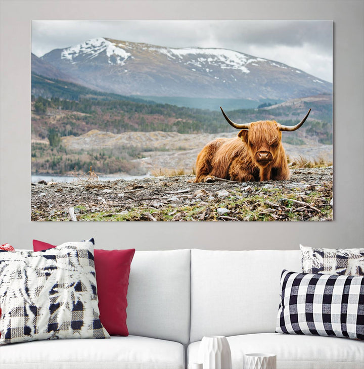 Scottish Highland Cow Wall Art Print - Large Highland Cow Canvas Print with Mountain Landscape, Rustic Farmhouse Decor for Living Room, Ready to Hang