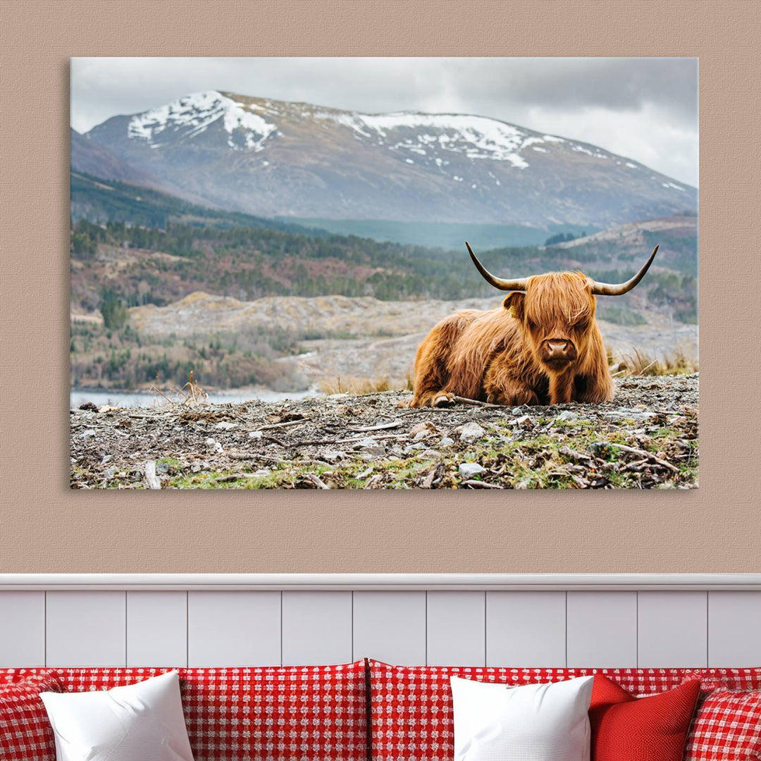 Scottish Highland Cow Wall Art Print - Large Highland Cow Canvas Print with Mountain Landscape, Rustic Farmhouse Decor for Living Room, Ready to Hang