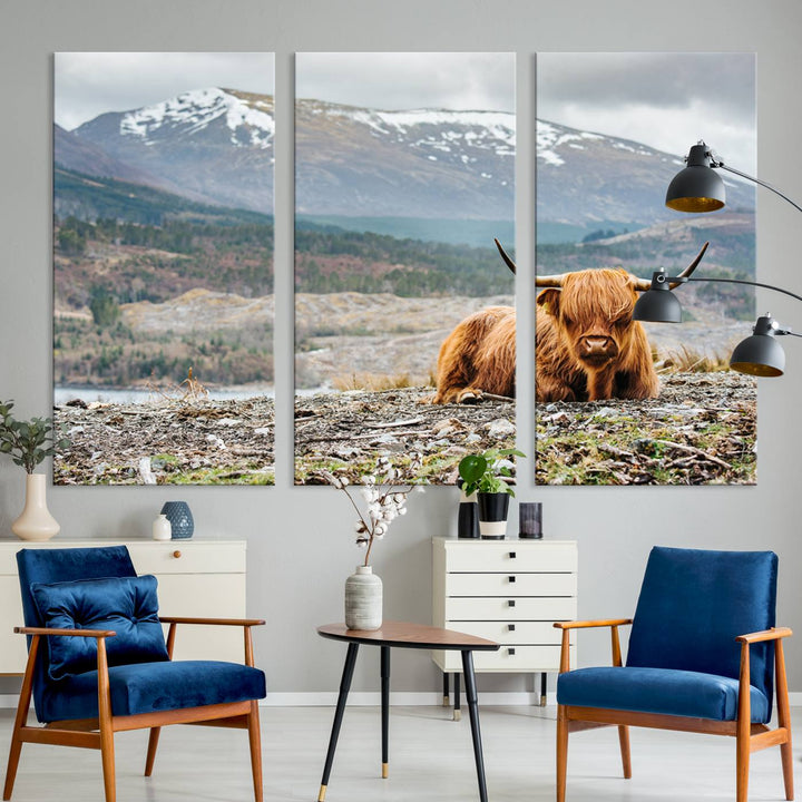 Scottish Highland Cow Wall Art Print - Large Highland Cow Canvas Print with Mountain Landscape, Rustic Farmhouse Decor for Living Room, Ready to Hang