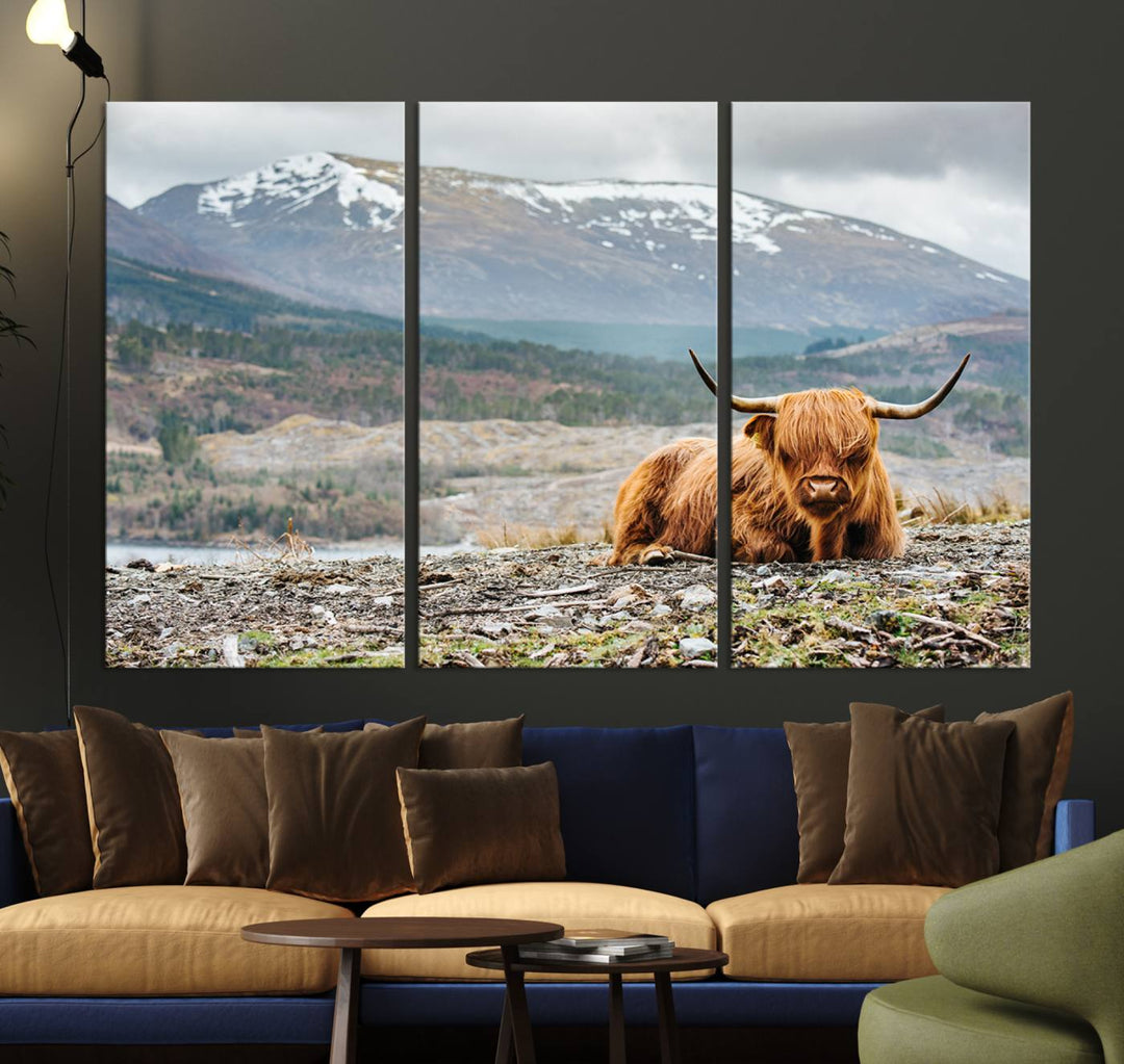 Scottish Highland Cow Wall Art Print - Large Highland Cow Canvas Print with Mountain Landscape, Rustic Farmhouse Decor for Living Room, Ready to Hang