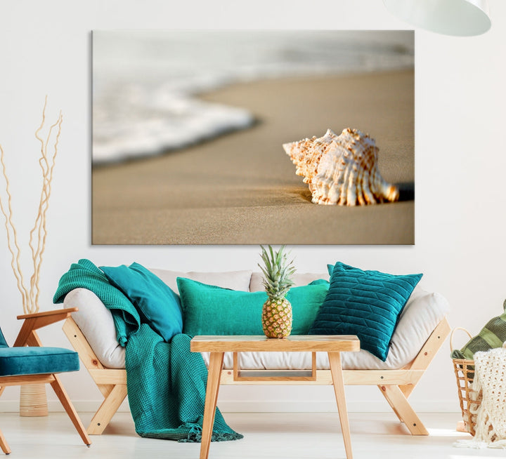 Sea Shell on the Beach Framed Canvas Wall Art Print Coastal Tropical Artwork