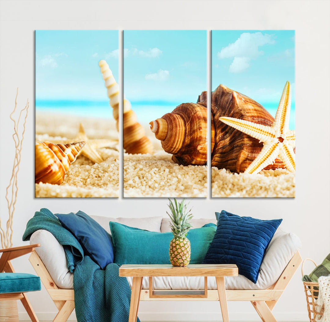 Sea Shells by the Beach Canvas Wall Art Print Framed Nautical Art Wall Decor