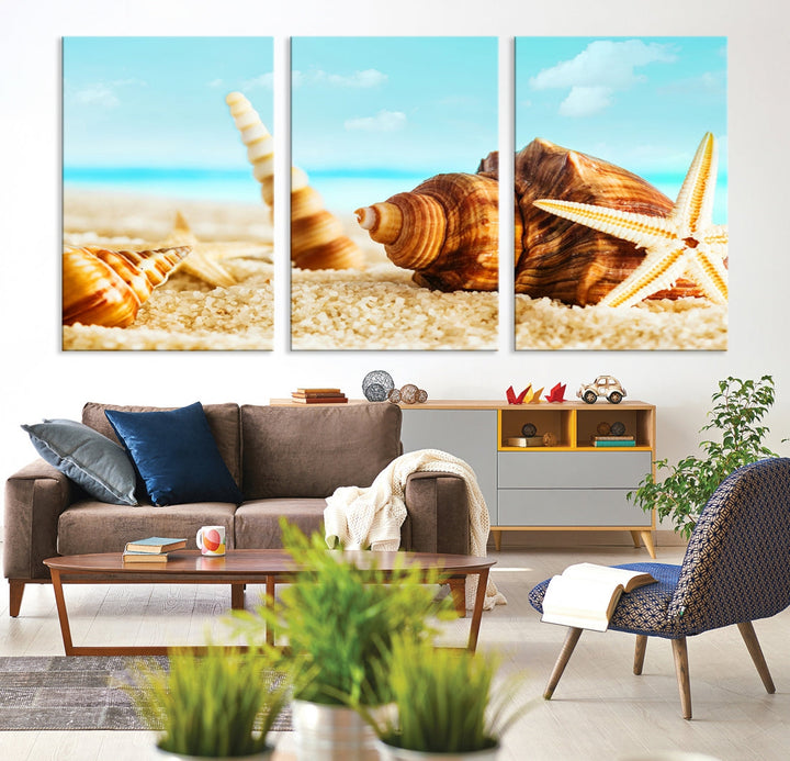 Sea Shells by the Beach Canvas Wall Art Print Framed Nautical Art Wall Decor