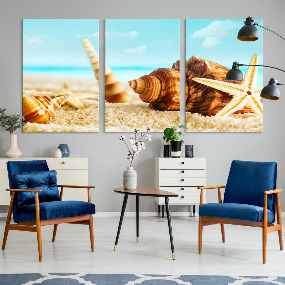 Sea Shells by the Beach Canvas Wall Art Print Framed Nautical Art Wall Decor