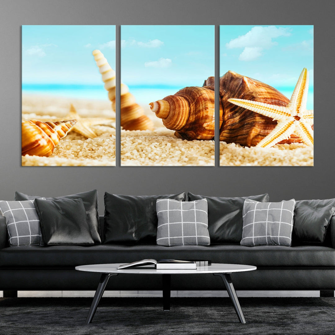 Sea Shells by the Beach Canvas Wall Art Print Framed Nautical Art Wall Decor