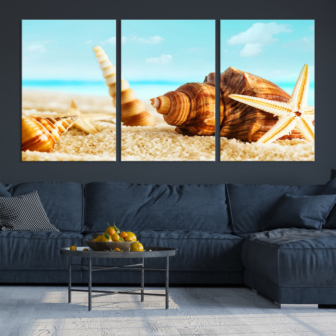 Sea Shells by the Beach Canvas Wall Art Print Framed Nautical Art Wall Decor