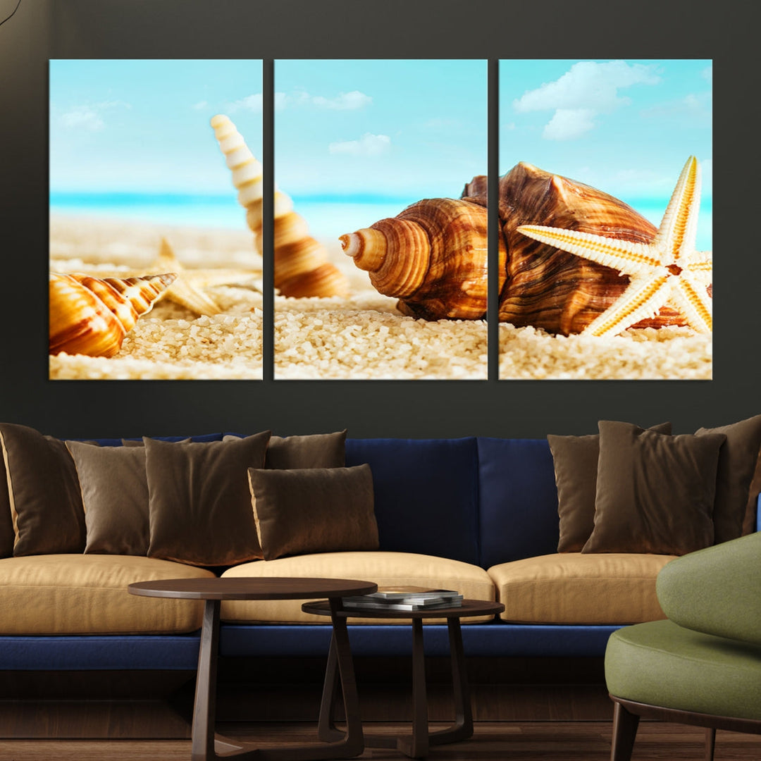 Sea Shells by the Beach Canvas Wall Art Print Framed Nautical Art Wall Decor