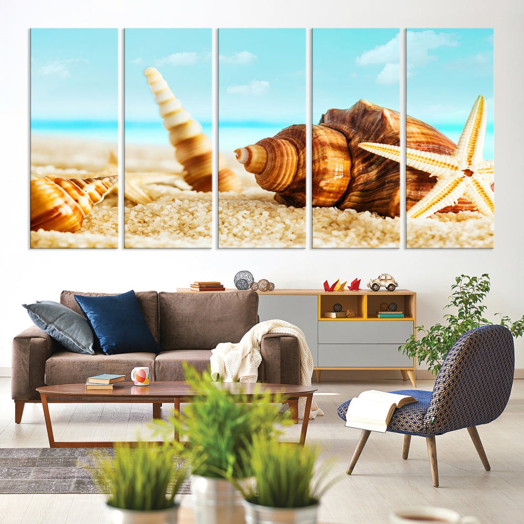 Sea Shells by the Beach Canvas Wall Art Print Framed Nautical Art Wall Decor