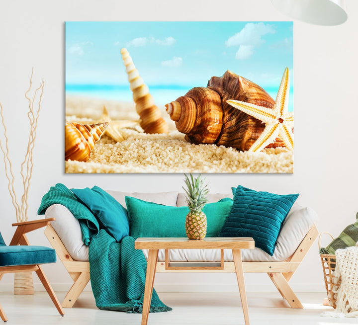 Sea Shells by the Beach Canvas Wall Art Print Framed Nautical Art Wall Decor