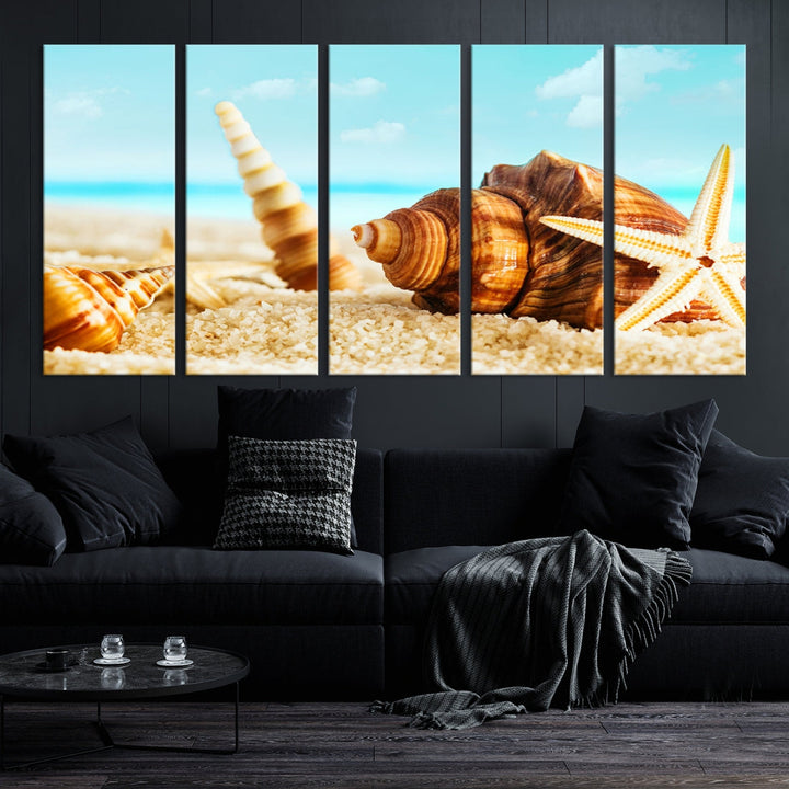 Sea Shells by the Beach Canvas Wall Art Print Framed Nautical Art Wall Decor