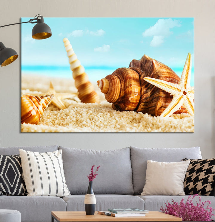 Sea Shells by the Beach Canvas Wall Art Print Framed Nautical Art Wall Decor