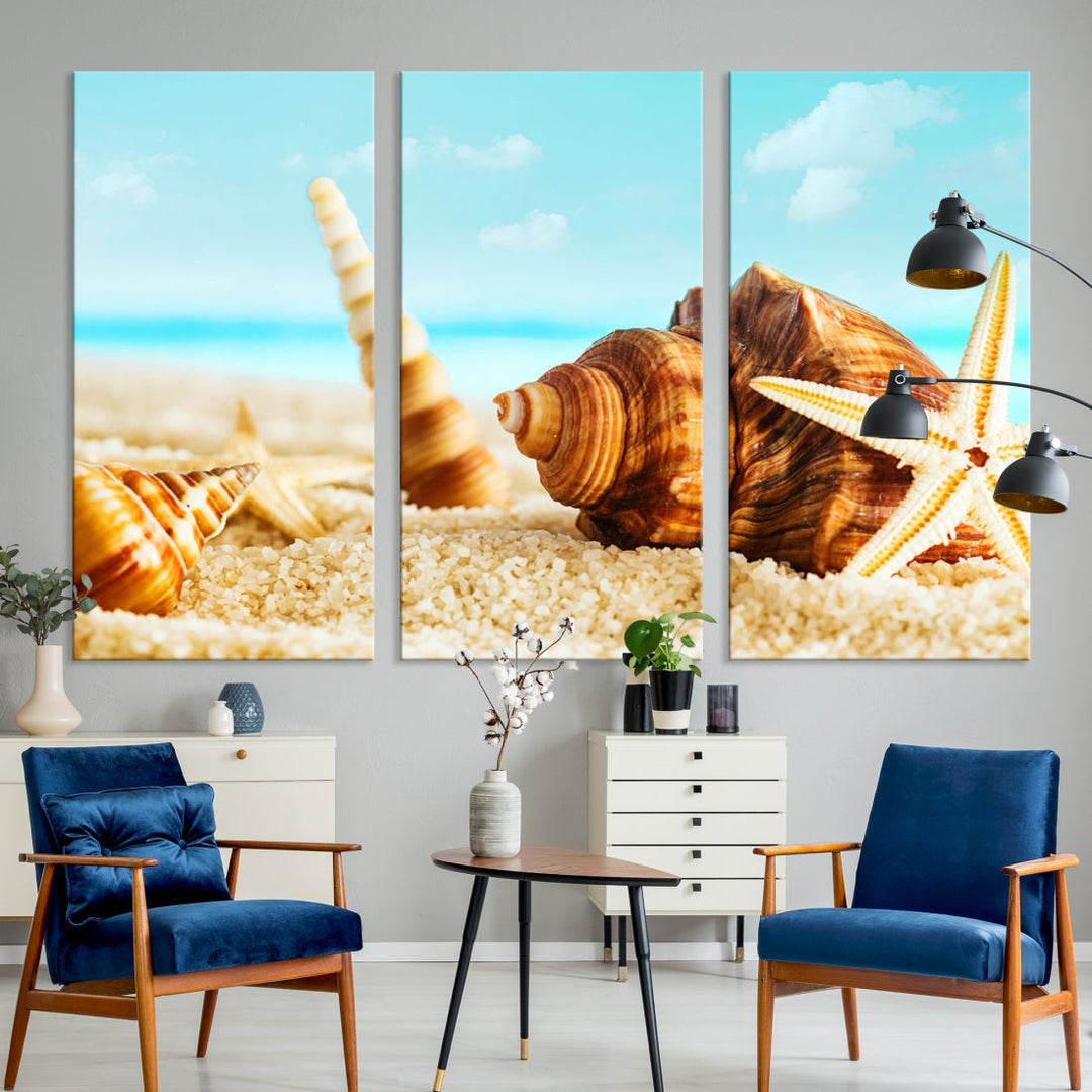 Sea Shells by the Beach Canvas Wall Art Print Framed Nautical Art Wall Decor