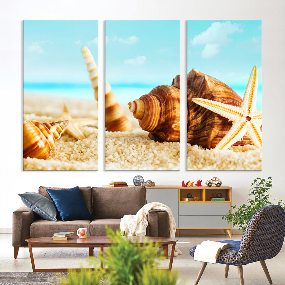 Sea Shells by the Beach Canvas Wall Art Print Framed Nautical Art Wall Decor