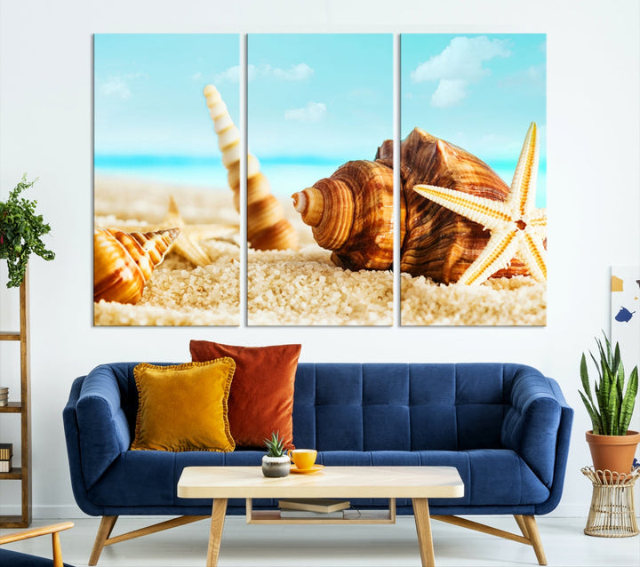 Sea Shells by the Beach Canvas Wall Art Print Framed Nautical Art Wall Decor