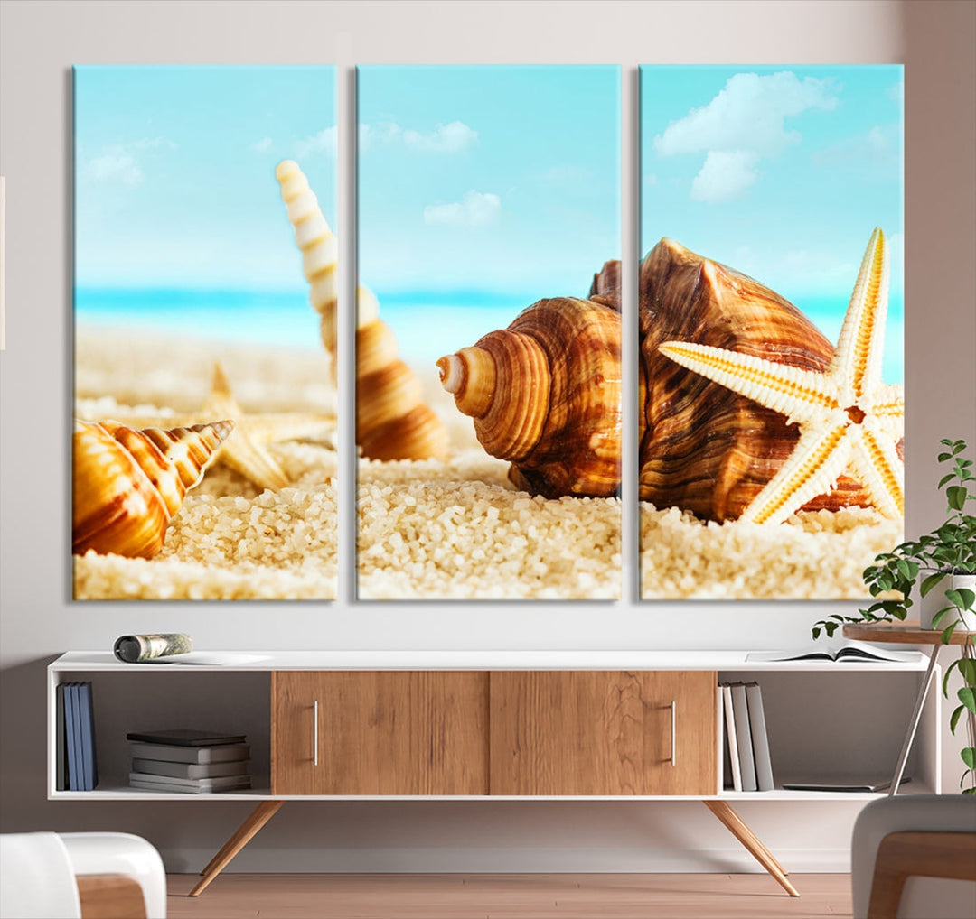 Sea Shells by the Beach Canvas Wall Art Print Framed Nautical Art Wall Decor