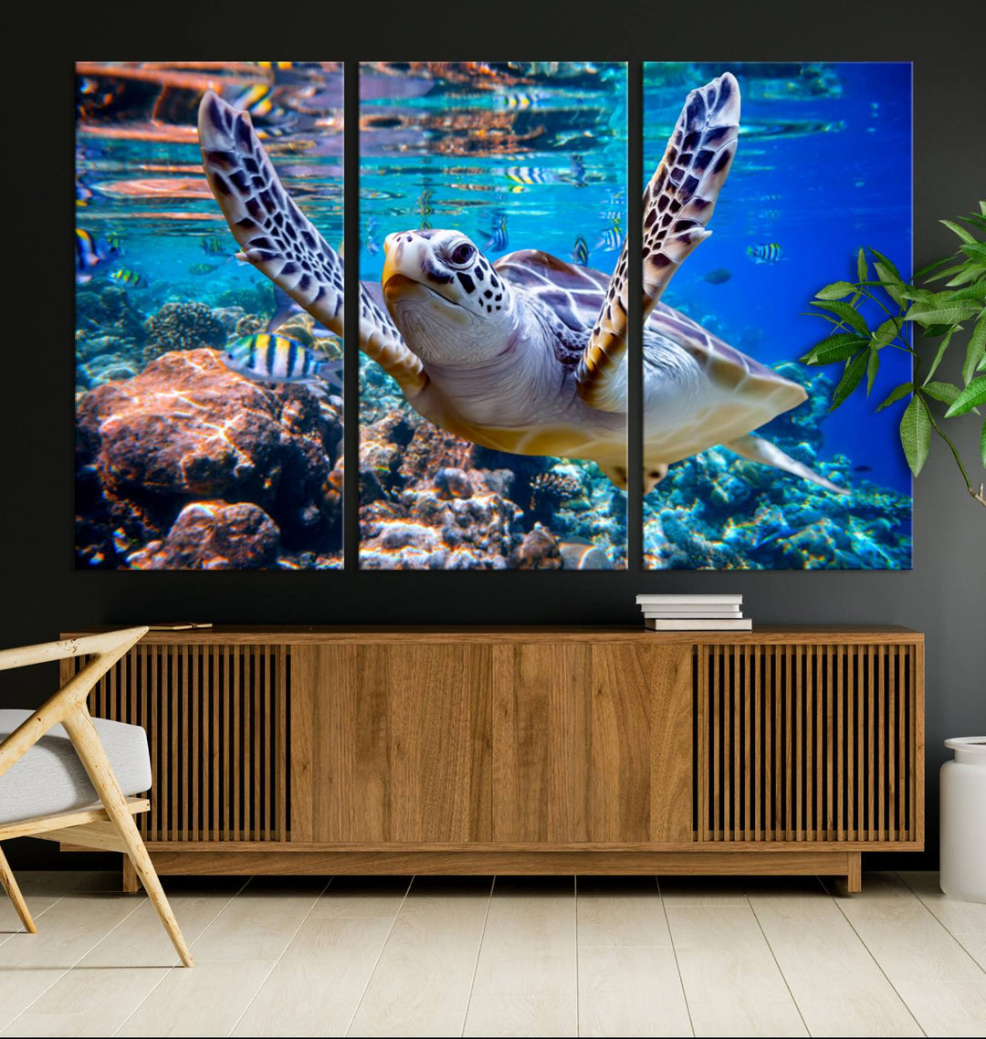 Sea Turtle Underwater Canvas Wall Art Print - Vibrant Ocean Life for Living Room, Bedroom, or Office, Ready to Hang