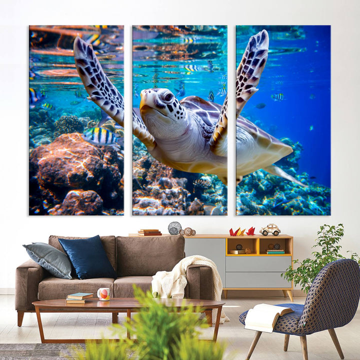 Sea Turtle Underwater Canvas Wall Art Print - Vibrant Ocean Life for Living Room, Bedroom, or Office, Ready to Hang