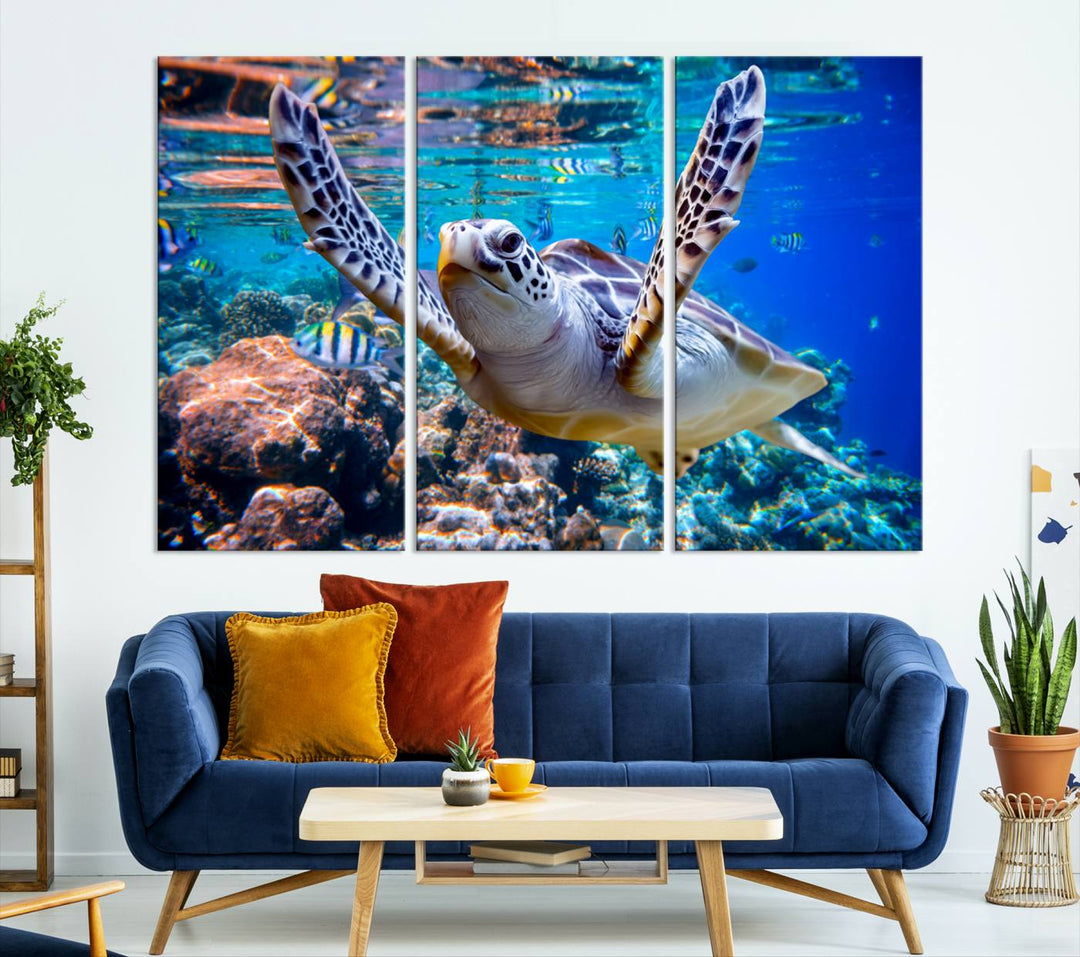 Sea Turtle Underwater Canvas Wall Art Print - Vibrant Ocean Life for Living Room, Bedroom, or Office, Ready to Hang