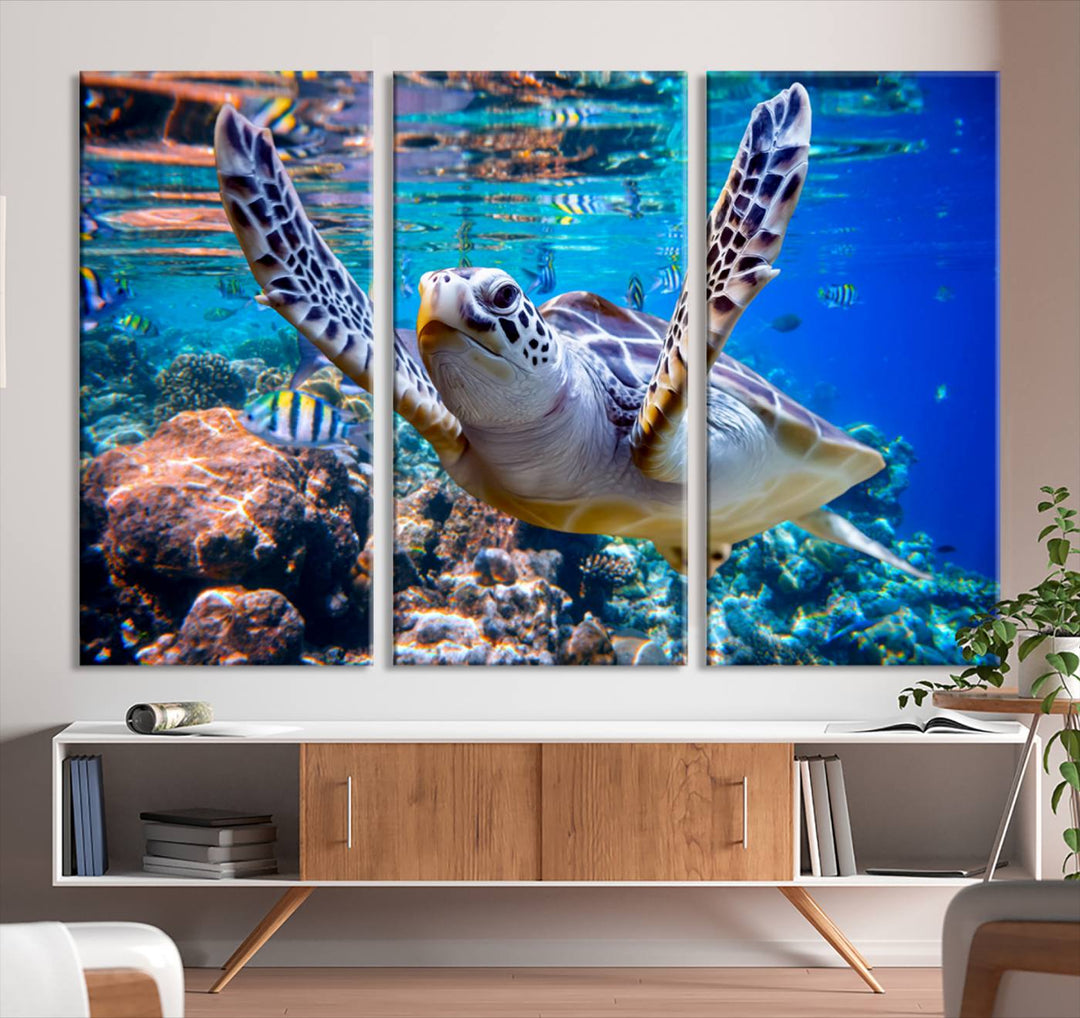 Sea Turtle Underwater Canvas Wall Art Print - Vibrant Ocean Life for Living Room, Bedroom, or Office, Ready to Hang