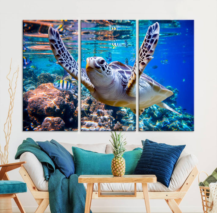 Sea Turtle Underwater Canvas Wall Art Print - Vibrant Ocean Life for Living Room, Bedroom, or Office, Ready to Hang