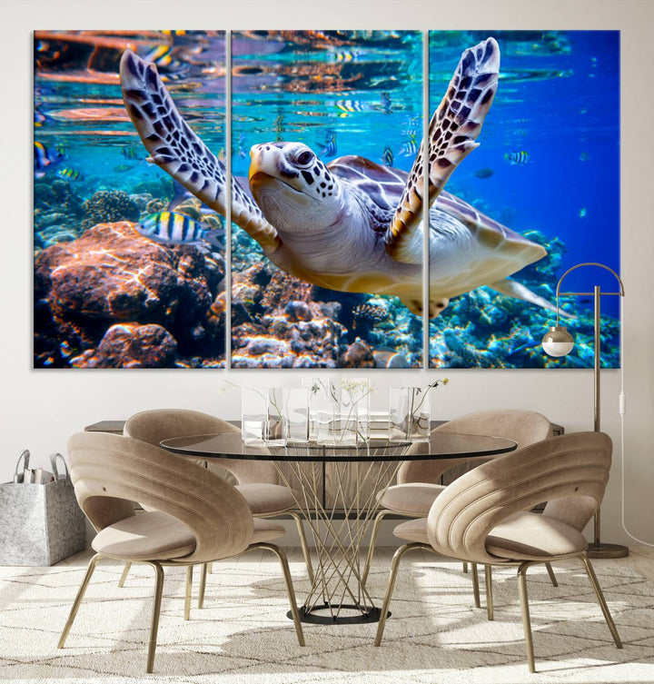 Sea Turtle Underwater Canvas Wall Art Print - Vibrant Ocean Life for Living Room, Bedroom, or Office, Ready to Hang